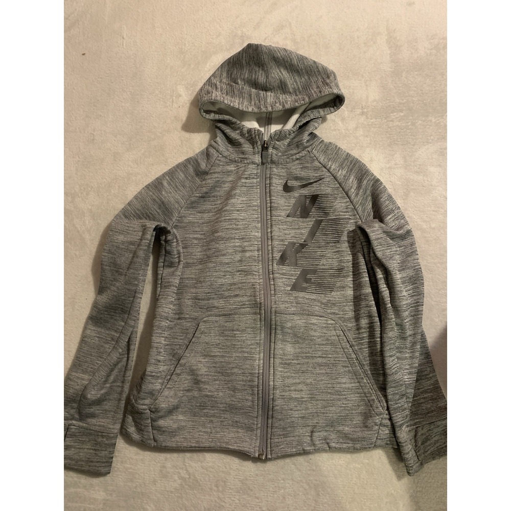 Boys Nike Dri-fit Size Small Gray Full Zip Up Hoodie Black Logo